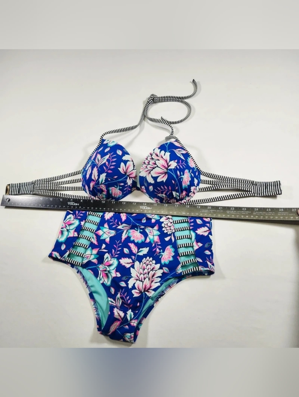 Shade & Shore Blue Floral High-Waist Bikini with Mint Accents